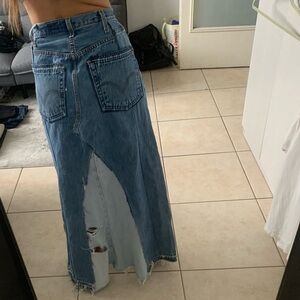 Custom vintage Levi’s denim jean two tone distressed maxi skirt middle slit high